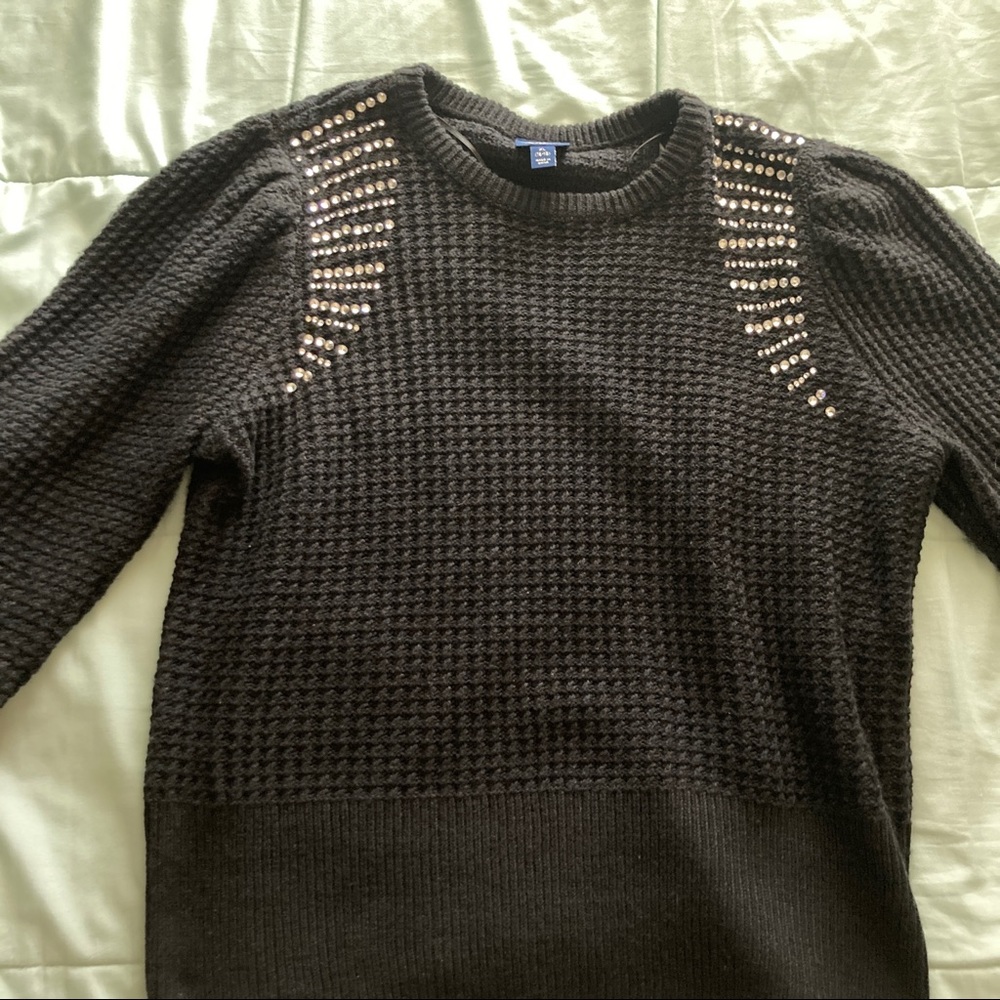 Black knit sweater, rhinestone detailing